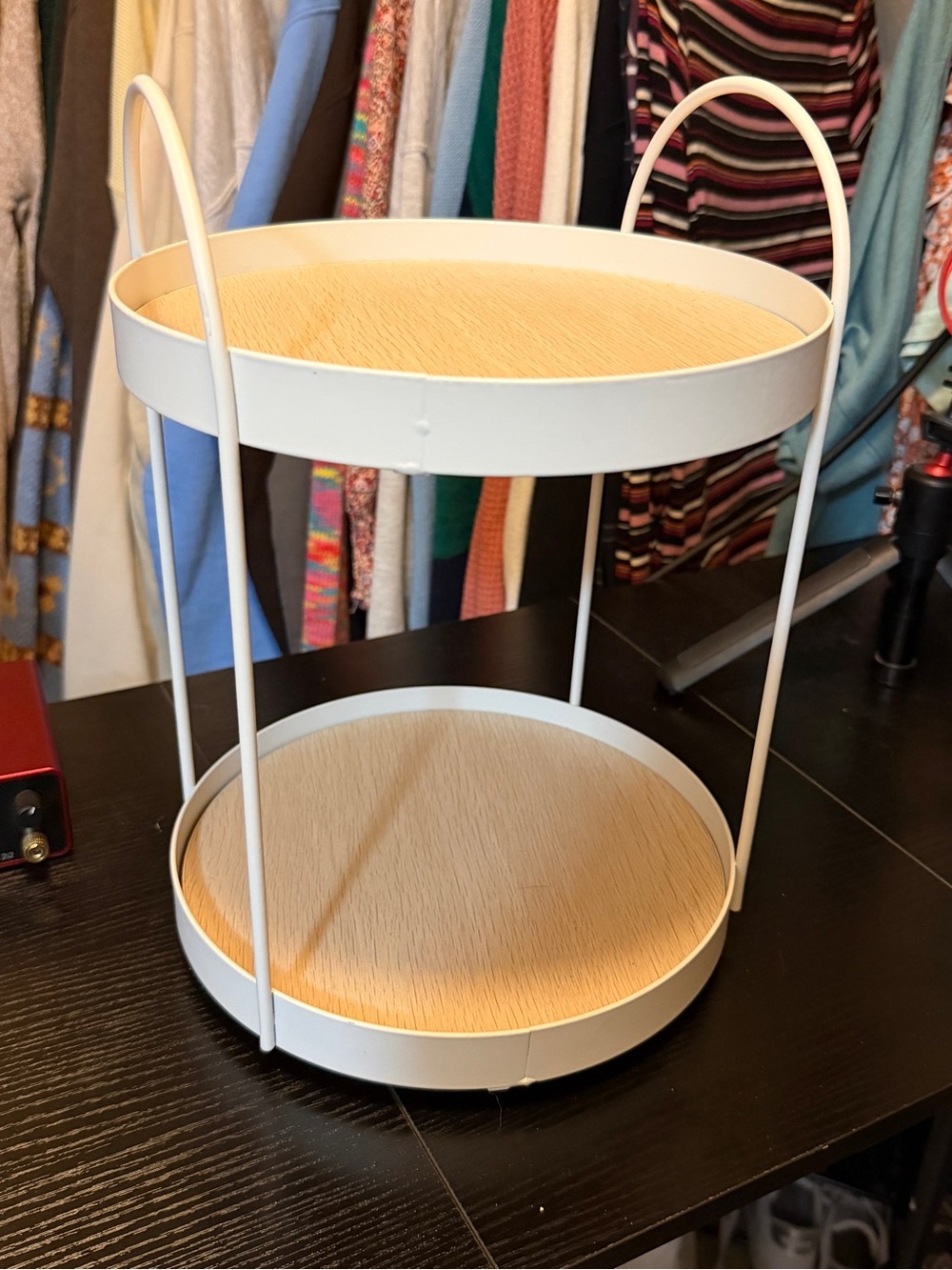 Spinning 2-Tier Round White & Light Wood Serving/Display Stand
